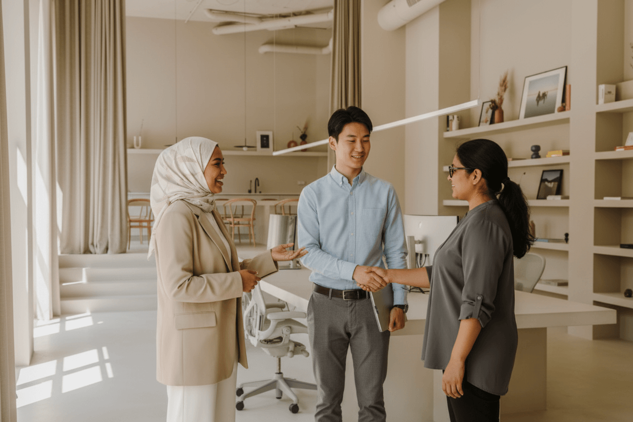 A diverse group of four colleagues, including a woman in a hijab, stands in a light-filled office space having a discussion.
